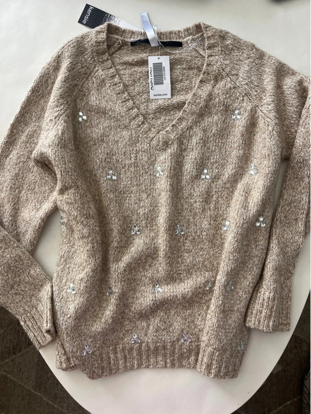 NEW Kensie Sparkle Bedazzle Oatmeal V neck Sweater Large